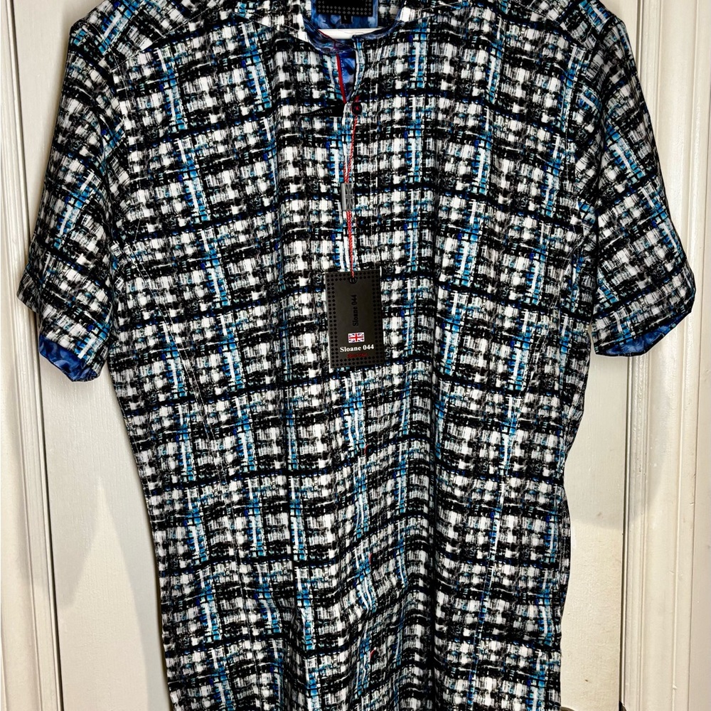 Sloane 044 Mens SZ L Shirt Blue Black Abstract Plaid Button Up Short Sleeve NWT